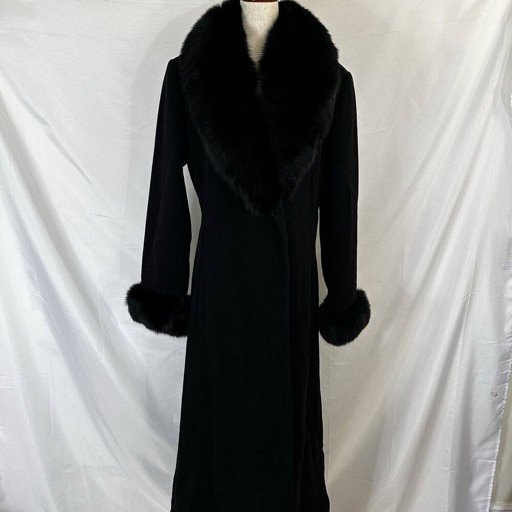 Vintage Marvin Richards Wool Cashmere Fox Fur Midi Dress Coat Size 8 Y2K